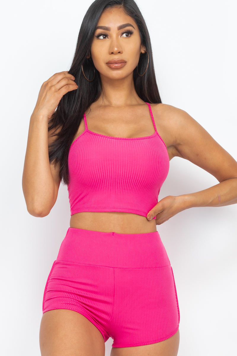 Ribbed Cami Crop Top & Ruched Shorts Set(CAPELLA)-5