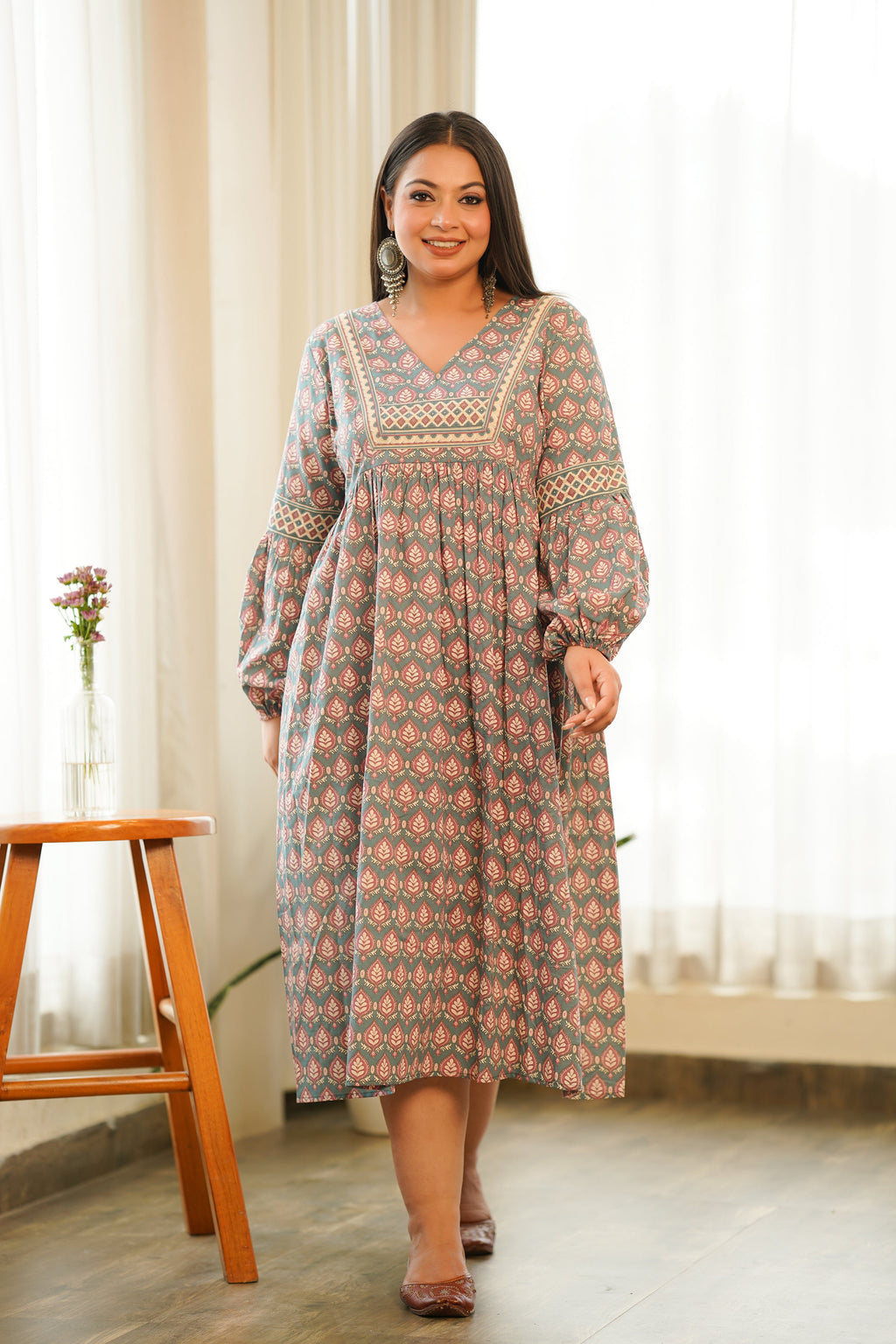 Boho Printed Cotton Gathered Maxi