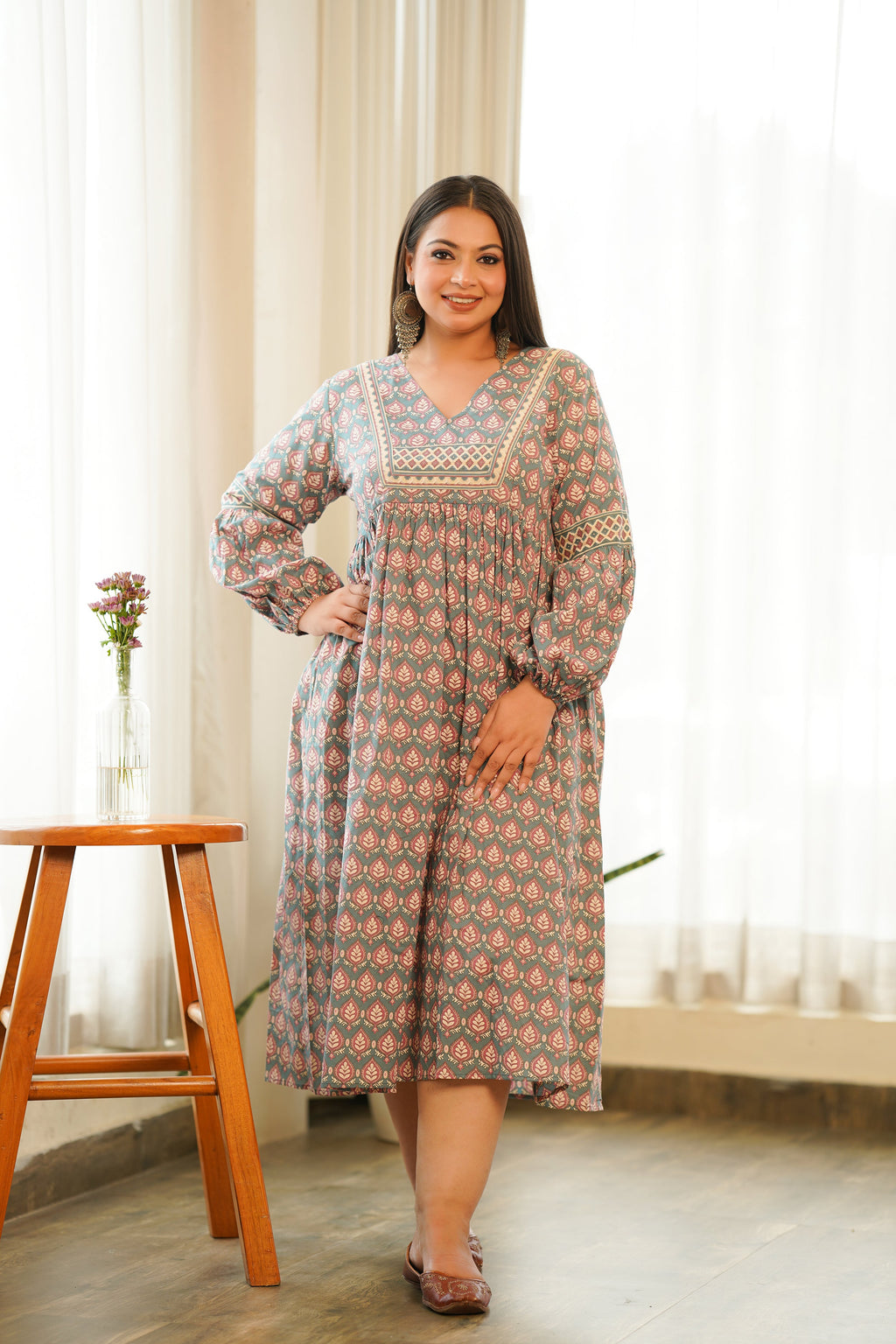 Boho Printed Cotton Gathered Maxi