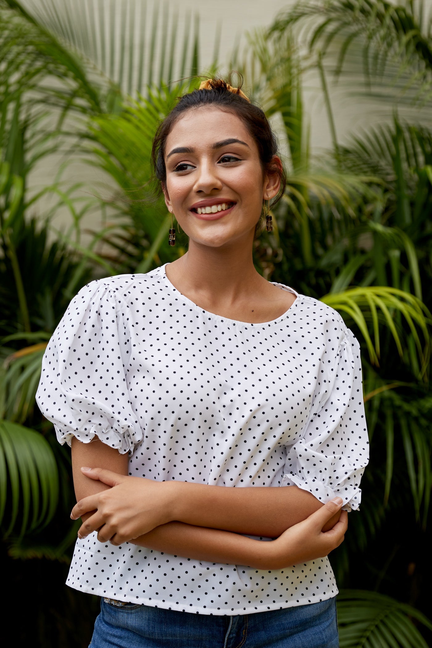 White Crepe Puff Sleeves Polka Dot Top