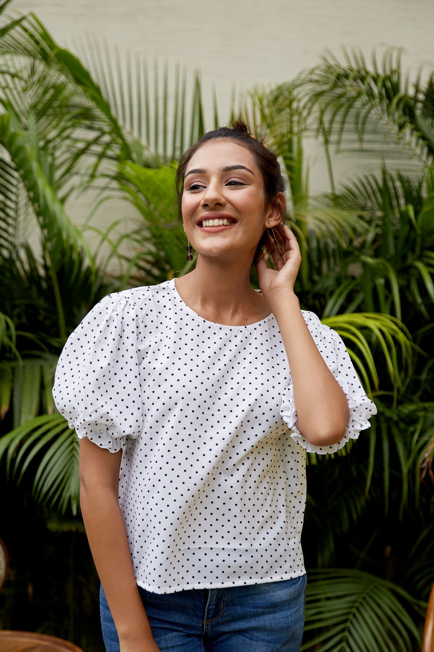 White Crepe Puff Sleeves Polka Dot Top