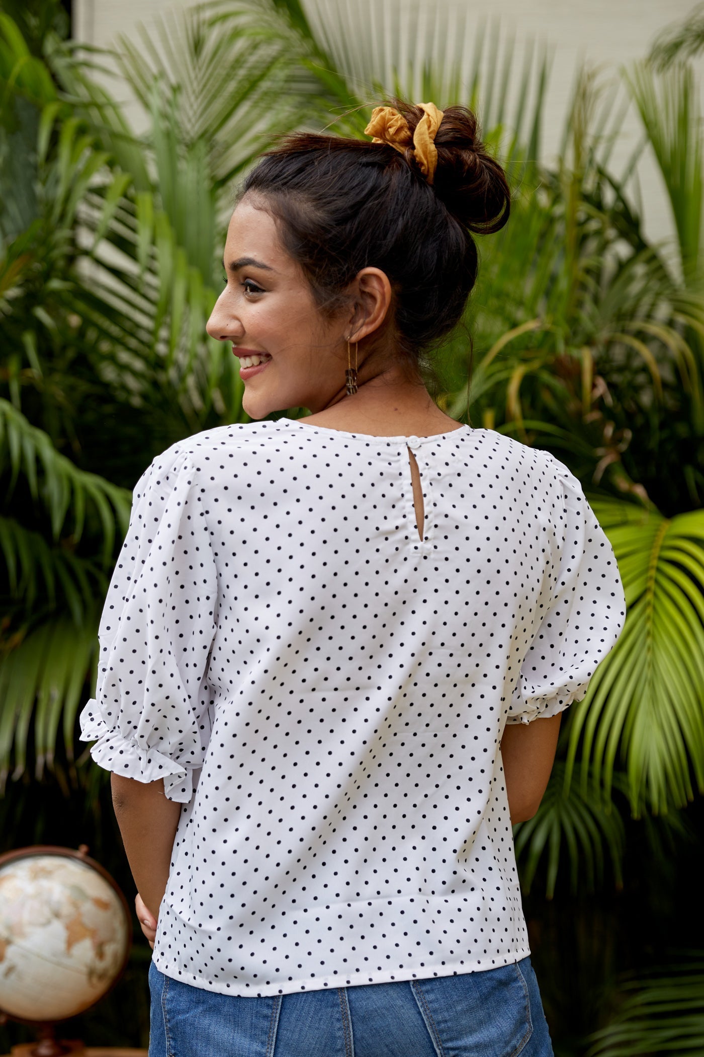 White Crepe Puff Sleeves Polka Dot Top