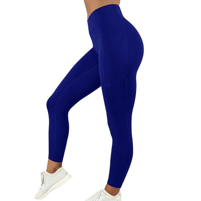 Solid Running Pants High Waist Fitness Yoga Pants With Pocket Tights Women Yoga Sport Trousers Training Workout leggings-6