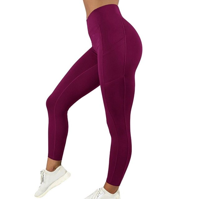 Solid Running Pants High Waist Fitness Yoga Pants With Pocket Tights Women Yoga Sport Trousers Training Workout leggings-5