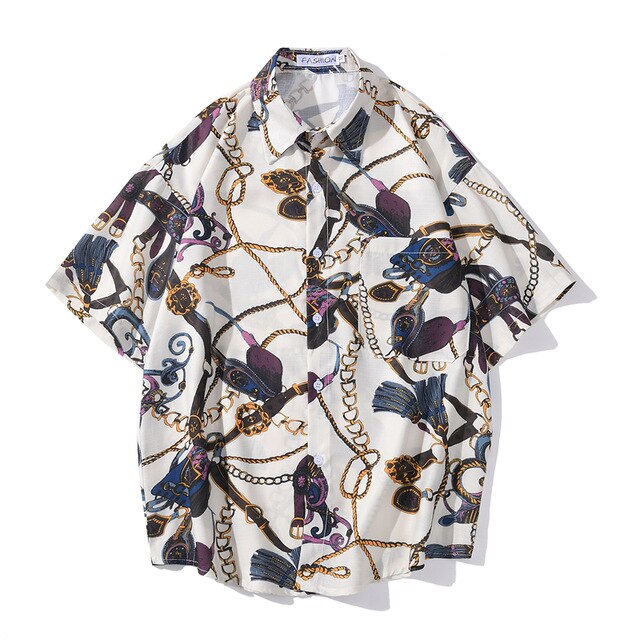 Fashion Brand Graphics Print Hawaiian Shirt Casual Vacation Beach Shirts Summer Hip Hop Short Sleeve Male Tops Tees-3